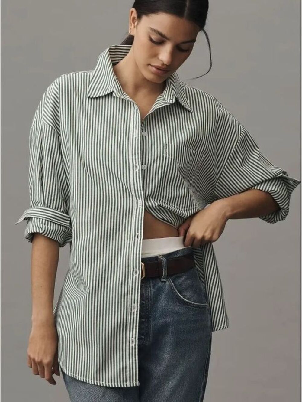 Maeve Bennett Green White Stripe Button Down Shirt Medium